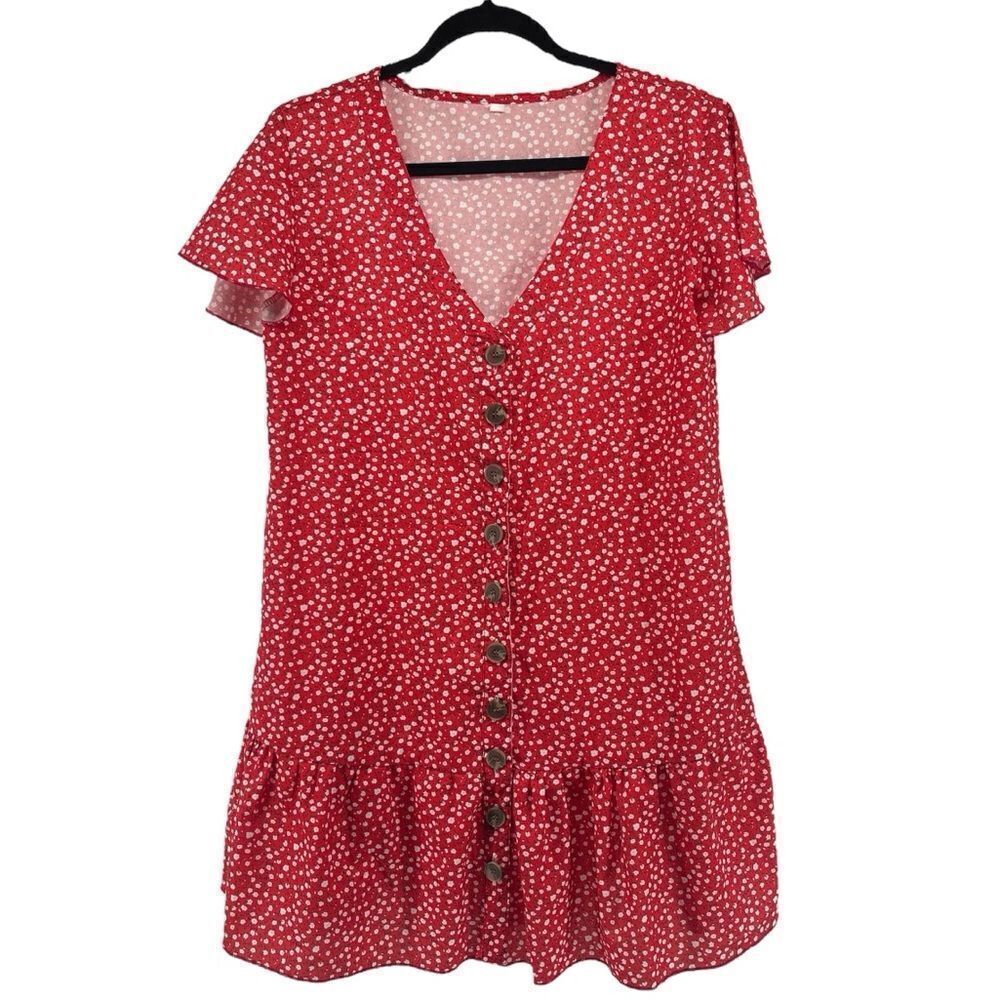 Women’s Red Ditsy Floral Boho Dress M Flutter Sleeve Button Front Ruffle Hem